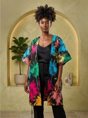 Black Midi Kimono with Multicolor Tropical Palm Print and side drawstring